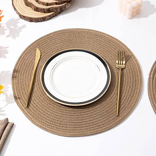 Image of SHACOS Round Placemats Set of 4 Woven Braided Kitchen Table Placemats 15 inch Round Place Mats Washable Table Mats Indoor Outdoor, Brown