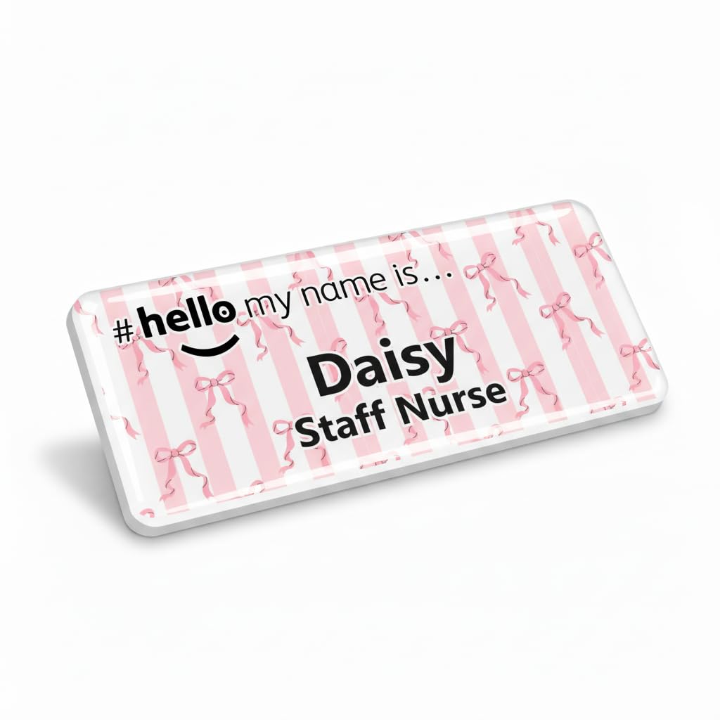 Badgemaster Resin Finish Hello My Name is Pink & White Stripe Name Badge with Pink Bows Design 76 x 32mm White/White