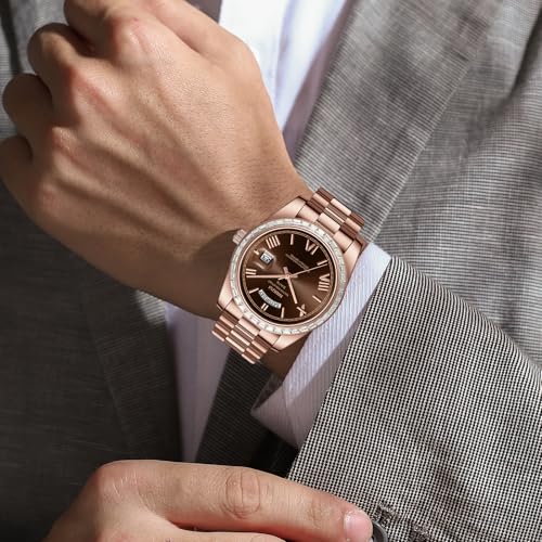 Image of NIBOSI Watches for Men Analog Quartz Diamond Bezel Stainless Steel Dial Rose Gold Silver Mens Watch Waterproof Business Classic Dress Wrist Watch with Day Date