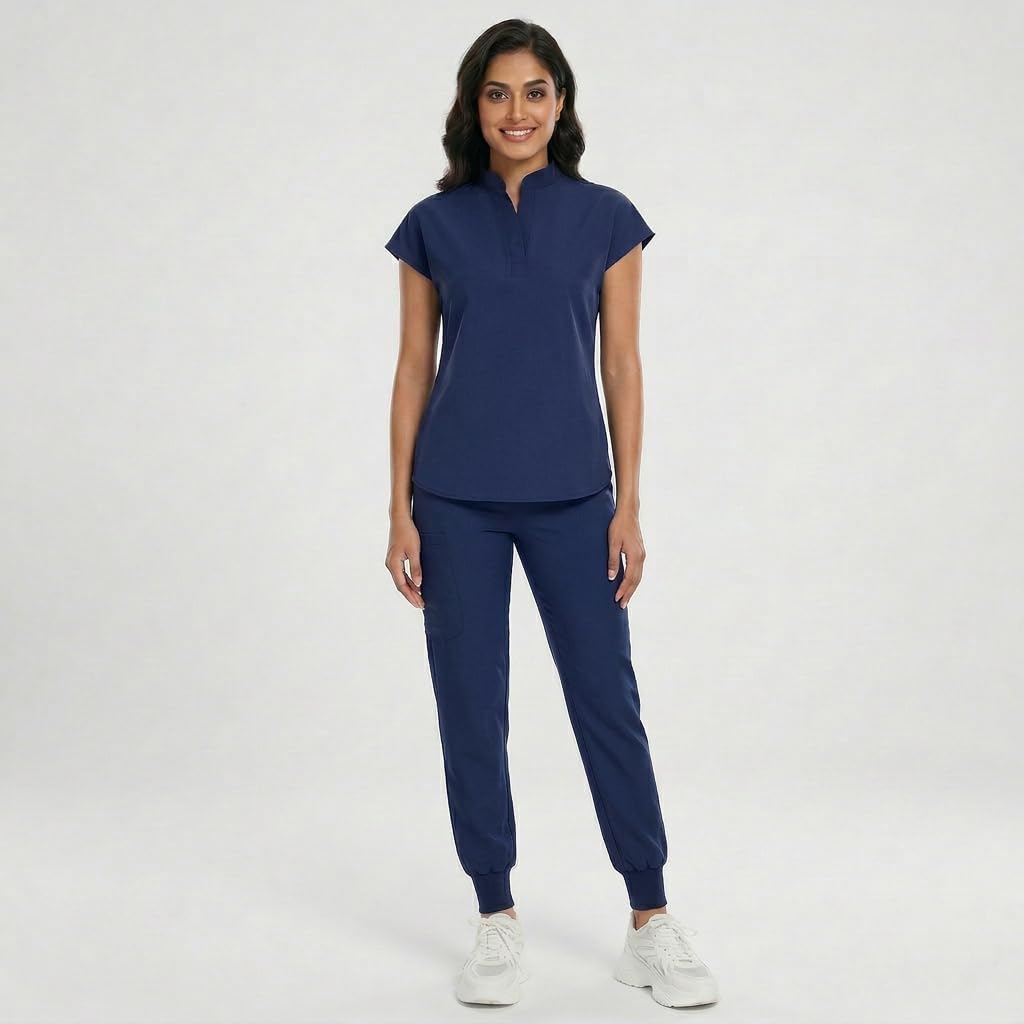 Women's Medical Scrub Set – Mandarin Collar Top & Jogger Pants, Stretchy Breathable Nursing Uniform with Pockets, Comfortable Healthcare Workwear