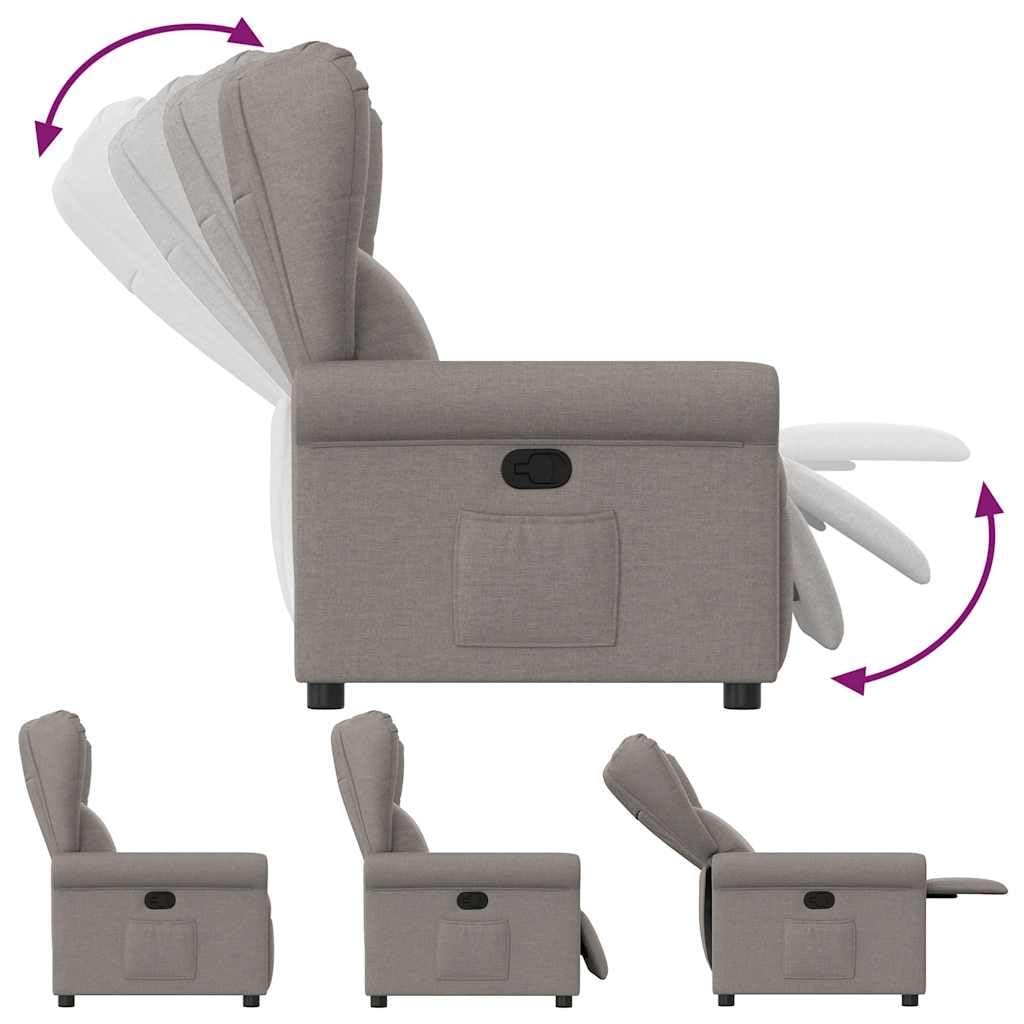 Fotel relaksacyjny z tkaniny taupe, regulowany ręcznie, nachylenie 135°, maksymalne obciążenie 110 kg, wygodny fotel wypoczynkowy, do salonu, sypialni, fotela do czytania
