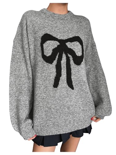 Image of RoseSeek Women's Oversized Sweaters Bow Graphic Long Sleeve Drop Shoulder Sweaters Fall Outfits Trendy Grey Large