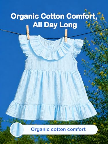 Image of Kidbea Baby Girl Cotton Summer Casual Short Ruffled Sleeve & Hem Soft Breathable Fabric Frocks Sundress Princess Dress for Kids
