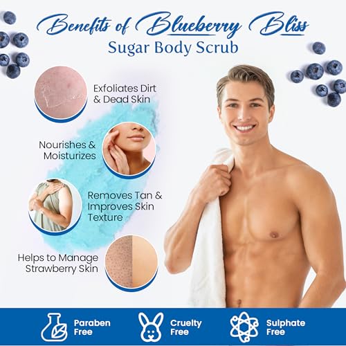 Image of The Body Bucket Blueberry Bliss Sugar Body Scrub- 200g | Included Free Bath Bomb | 3-in-1 Exfoliator, Cleanser, Moisturizer | De-Tan & Brightens Dark Areas| Smooths Strawberry Legs & Arms | Sulfate & Paraben Free