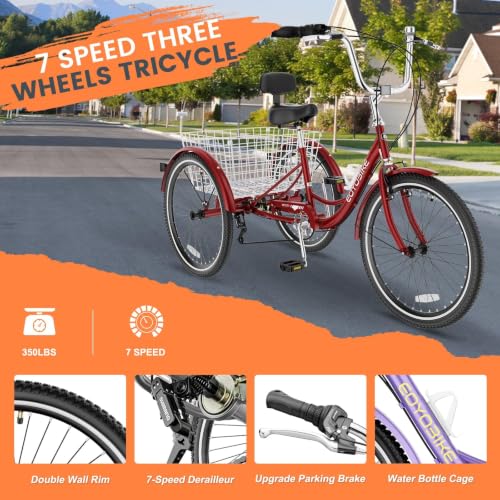 Image of Adult Tricycle, 7 Speed Adult Trike, 20 /24 /26 inch 3 Wheel Bike with Basket