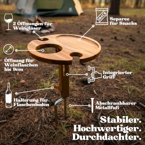 Decozy Life Steckbarer Weinhalter aus Massivholz - klappbarer Picknicktisch – Picknick & Camping Geschenke | Strand Gadget, Garten Gadget & Wein Zubehör | Originelles Camper Geschenk für Weinliebhaber