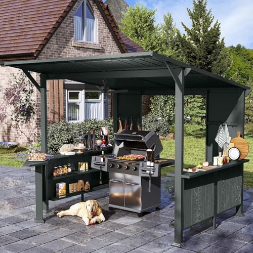 Image of 9x10FT Hardtop Grill Gazebo, Lean to Outdoor BBQ Shelter with Galvanized Steel Slanted Roof, Permanent Metal Grilling Station with Storage Shelves & Bar Platform for Patio (Gray, 9X10FT)