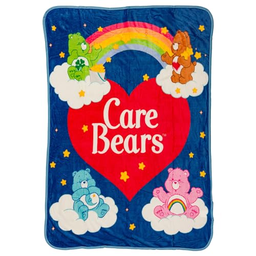 Image of Silver Buffalo Care Bears Rainbow Heart Logo Featuring Cheer, Bedtime Bear, and Tenderheart Bear 45” x 60” Fleece Throw, Soft and Cozy Blanket, 180 GSM