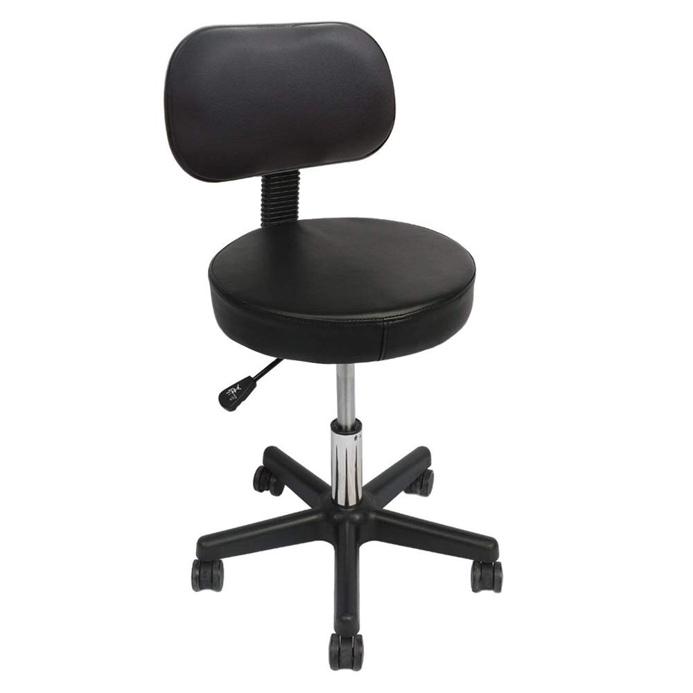 Zhen Round Drafting Stool – Swivel Leather Rolling Chair- Adjustable Height with Back, Thick Seat Cushion for Workshop, Spa, Massage, Hair Salon (Black)