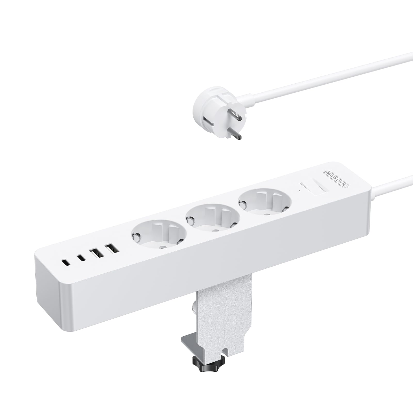 NTONPOWER Listwa zasilająca na biurko z USB-C, 3-gniazdowa listwa zasilająca z zaciskającą klipsem, kabel 2 metry, wielogniazdowa listwa zasilająca do biura, 2500 watów, biała
