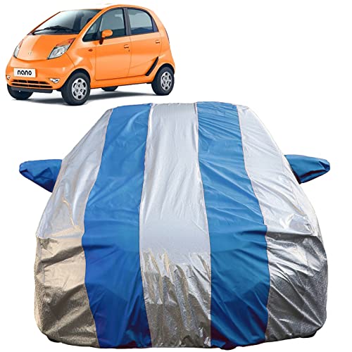 Image of Autofact Waterproof Car Body Cover Compatible with Tata Nano (2009 to 2019) with Mirror Pockets (Blue Stripes with Shinning Silver Fabric /Waterproof Cover)