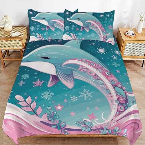 Parure de lit 3 pièces imprimé dauphin et flocon en microfibre légère pour lit 228x228 cm