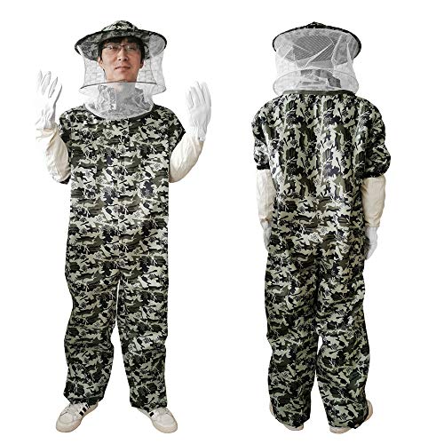 Giyomi 養蜂用 蜂防護服 フェイスネット付 蜂除け 繋ぎ服 & 手袋 2点セット 蜂巣 害虫駆除 虫よけ 取り外しやすい 鉄壁ガード 作業服