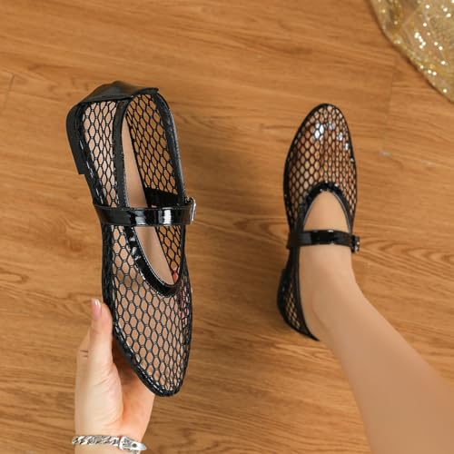 Women's Mesh Ballet Flats Breathable Fishnet Mary Jane Shoes with Buckle Strap,Comfortable Round Toe Ballerinas for Office Casual Dress2
