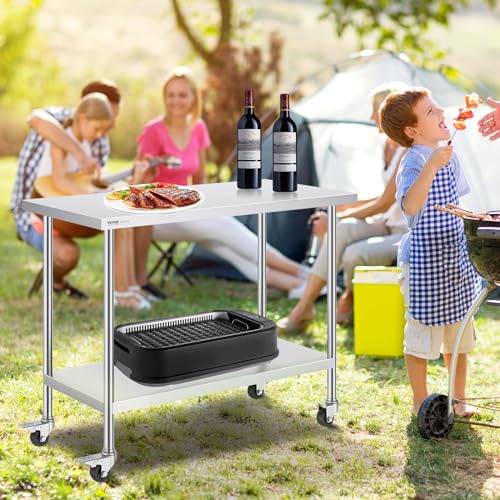 Image of VEVOR Stainless Steel Work Table 24 x 48 x 38 Inch, with 4 Wheels, 3 Adjustable Height Levels, Heavy Duty Food Prep Worktable for Commercial Kitchen Restaurant, Silver