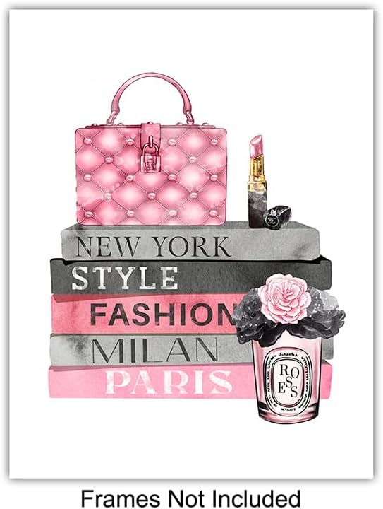High Fashion Design Wall Decor - Glam Poster Set -0f 6 - Designer Shoes, Perfume, Handbags - Pink Glamour Wall Art Gifts for Women, Girls Room, Teens Bedroom - Luxury Couture Print Pictures Unframed