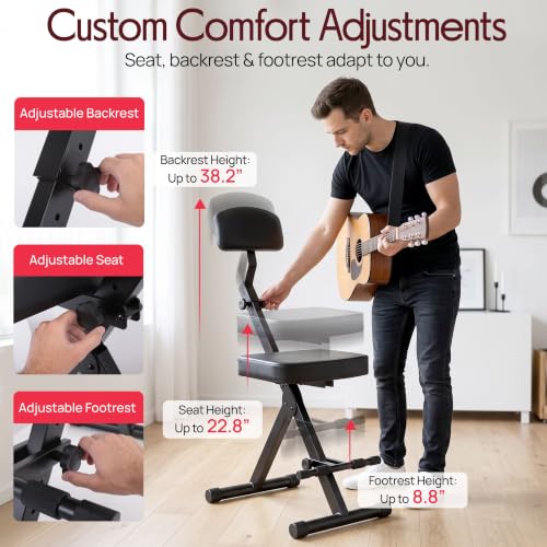 Image of Pyle Drum Throne - Guitar Stool, Foldable & Portable Chair w /Backrest & Footrest, Adjustable Music Stool for Adults, Padded Cushioned Seat & Back