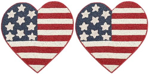 Lightnpro Heart-Shaped Beaded Placemat Set of 2 - Handmade Charger Mat -Patriotic Table Decor for 4th of July, Independence Day, Memorial Day, Family Gathering, Summer Parties -13 Inch Red White Blue
