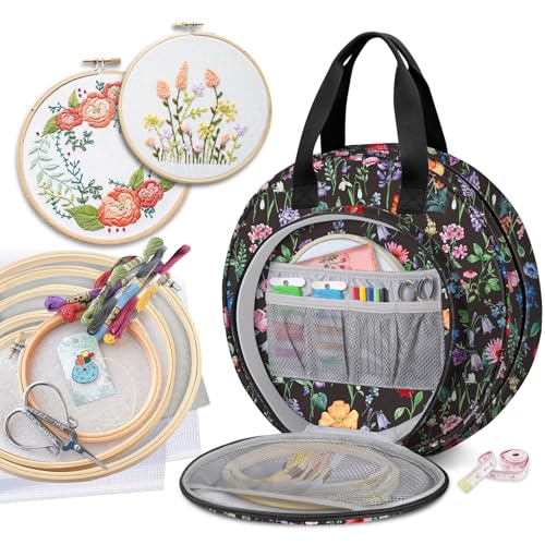 Image of FINPAC Embroidery Project Bag, Embroidery Supplies Storage Carrying Tote Case with Multiple Pockets for Floss, Hoops, Thread, Stitch Tools Kit [Bag Only] (Black Floral)