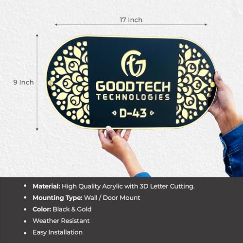 Image of BEE CREATIVE Laser Cutting Customise Acrylic Design Name Plate for Home, Office, Flat, Villa, Bungalow, Apartment, Main Door, Outdoor Wall, Gate & Entrance (Golden Bloom Design)