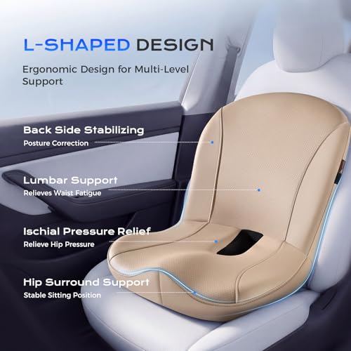 Image of Coverado Car Seat Cushion and Lumbar Support Pillow One Piece, Napa Leather Memory Foam Ergonomic Back Support Driving Seat Cushion for Back Pain, Non-Slip Washable Cushion for Car, Driver, Office