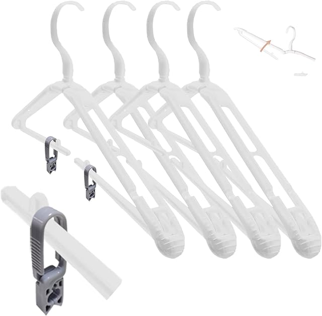 Fineget Folding Clothes Skirt Shirt Hangers with Clips Plastic Coat Travel Shoes Socks Shorts Hangers Foldable Collapsible Closet No Slip Heavy Duty White Hangers Retail Organizer 4 PCS + 8 Clips