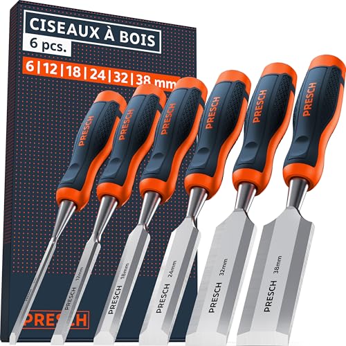 Presch Ciseaux à bois 6pcs. (6, 12, 18, 24, 32 & 38mm) - Parfaitement aiguisé pour utilisation immédiate - Avec un angle de 25° et un capuchon métallique...