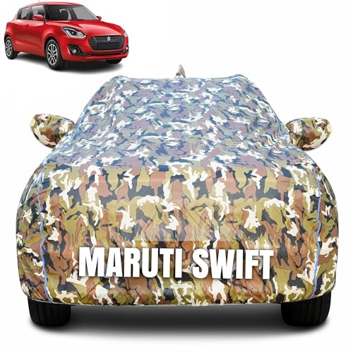 Image of 100% Waterproof Car Body Cover for Maruti Suzuki Swift (2018-2023) Mirror Pocket (Heat & UV Resistant, Triple Stitched, Soft Lining, Bottom Elastic & Piping) Camouflage, Military Print