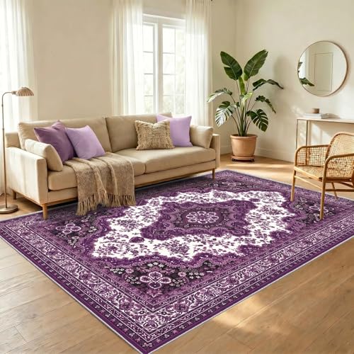 WUTONG Tapis de Salon 140x200 cm Violet Lavable en Machine,Tapis Persan Oriental Antidérapant pour Séjour et Chambre,Décoration Maison Romantique et Cosy