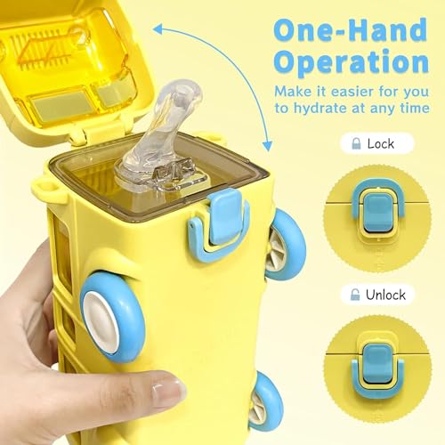 Image of Bus Water Bottle for Kids with Strap, Sipper, and Straw Leakproof, Tritan Water Bottle for School Kids 500ml - Blue,Water Bottle for Girls and Boys (Yellow)