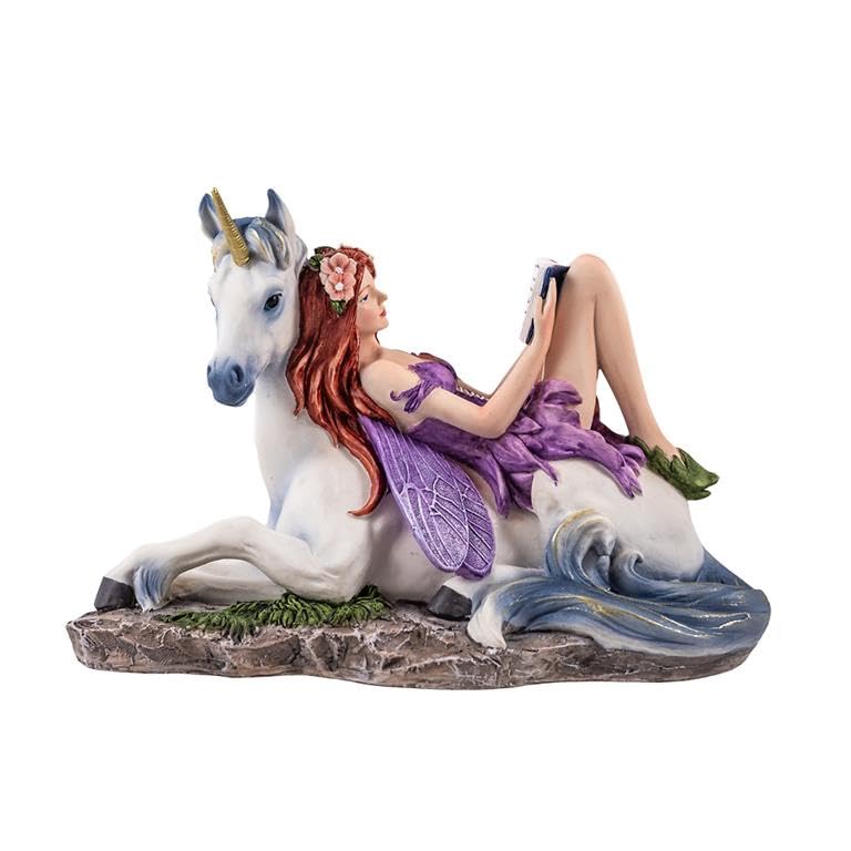 DRW Figura Hada tumbada sobre Unicornio Tonos malvas de Resina Pintada a Mano 20x14 cm