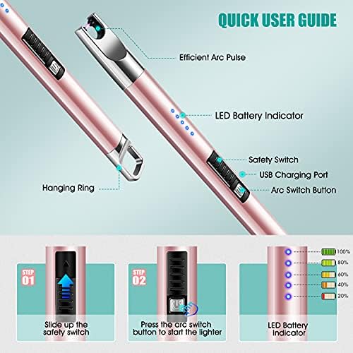 LcFun Candle Lighter 2 Pack Electric Lighters USB Rechargeable Long Lighter Windproof Flameless Arc Lighter for Candle, Fireworks, BBQ, Gas Stove, Grill (Green&Rose Gold)