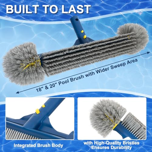 POOLAZA 18’’ & 20’’ Pool Brushes with Round Ends, Detachable Pool Brushes for Cleaning Pool Walls & Tiles, 2 in 1 Pool Brush Head for Inground Pools/Above Ground Pools,High-Efficient Pool Scrub Brush
