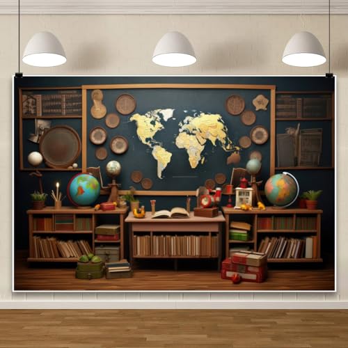 ChloropLastid Back to School Backdrop 10x8ft Classroom Decorations World Map Bookshelf Globe Photography Background Kids Study Bedroom Wallpaper Birthday Party Decor Photoshoot Studio Props