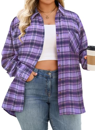Womens Flannel Shirt Plus Size Long Sleeve Plaid Button Down Shirts Buffalo Ladies Casual Checkered Buffalo Clothing Oversize Girls Ladies Purple 3XL