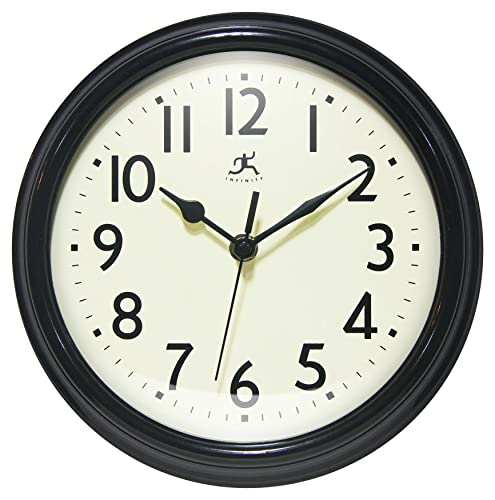 Infinity Instruments Retro 9.5 Inch Round, 1950's Vintage Style Wall Clock, Easy to Read, Silent Ticking, Quartz Movement, Battery Operated, Indoor Use, Wall Clocks for Kitchen, School, Living - Black