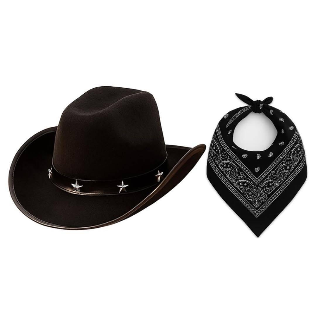Adults Cowboy Accessory Set - Pack of 1 - Black Star-Studded Cowboy Hat and Black Paisley Bandana - Mens Womens Wild West Western Bandit Fancy Dress Costume Accessory Set โ image 1