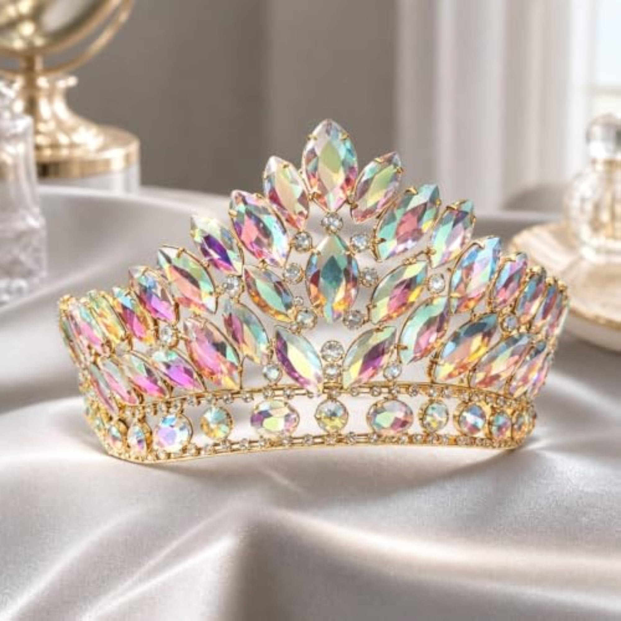 Ornate Alloy Tiara with Crystal-Like Stones, Charming Crown Headpiece
