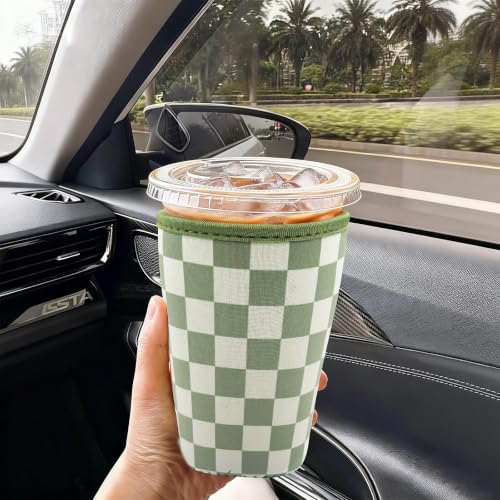 Image of Reusable Insulated Neoprene Iced Coffee Cup Sleeve, Durable Drink Sleeve for Cold Beverages, Beverage Holder for Iced Coffee (Olive Checkers)