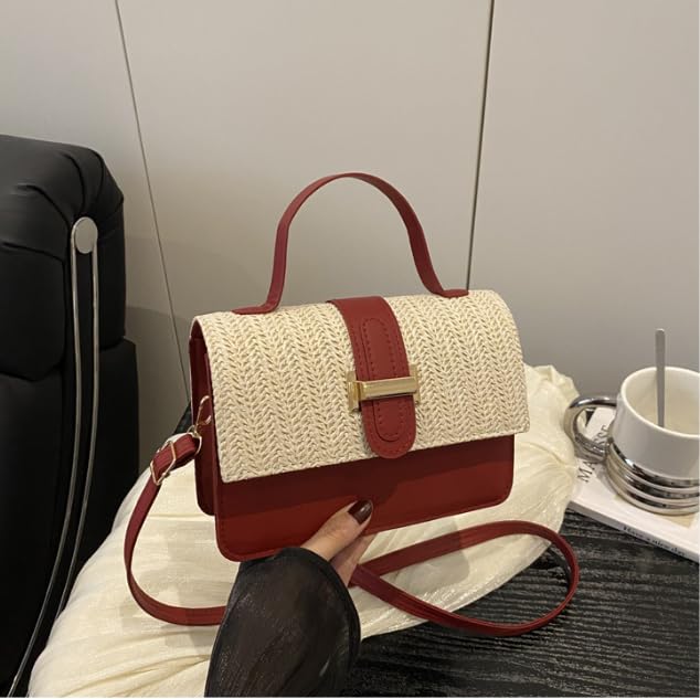 Woven Straw Crossbody Handbag, Two-Tone Design with Gold Buckle, Adjustable Strap，Simple and fashionable2
