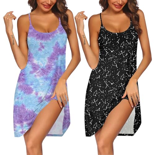 Image of Ekouaer 2 Pack Nightgown for Womens Nightshirt Sleepwear Sleep Tank Chemise Racerback Sleeveless Dress