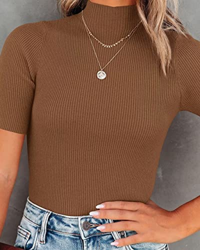 Image of Lacozy Women Casual Short Sleeve Shirt Basic Mock Neck Top Slim Fit Ribbed Knit Pullover Sweater