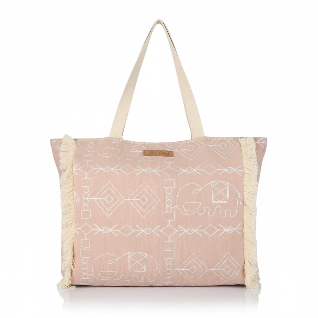 Women’s Canvas Tote Bag – Sage Green with White Elephant Print & Fringe Sides | Large Eco-Friendly Shoulder Bag for Shopping, Travel & College-image-46