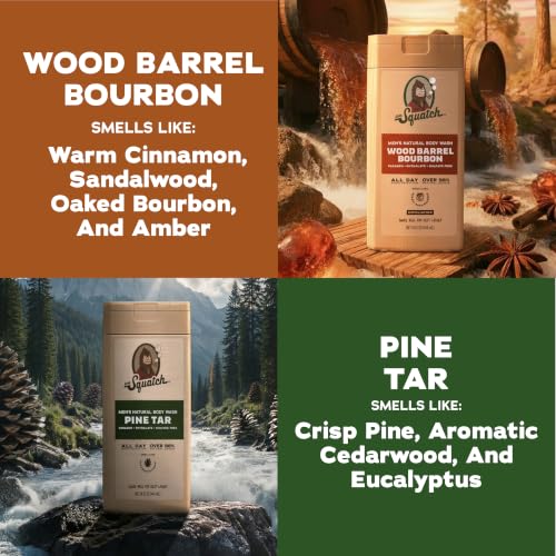 Dr. Squatch Natural Men's Body Wash Shower Gel - Cleansing, Nourishing, Long Lasting Scent, Moisturizing Body Wash for Men - Pine Tar + Wood Barrel Bourbon (14 oz, 2-Pack)