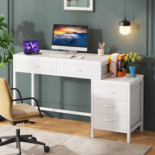 Image of Tribesigns Computer Desk with 5 Drawers, Home Office Desks with Reversible Drawer Cabinet Printer Stand, Industrial PC Desk with Storage, White Study Writing Table Workstation for Small Spaces