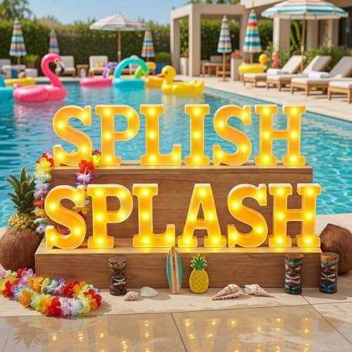 Honoson 12 Pcs Summer Splish Splash Party Decorations Light Sign Summer Pool Theme Lights Table Decoration for Beach Swimming Water Luau Hawaiian Tropical Party Decor by Honoson - Used condition - US$20.59