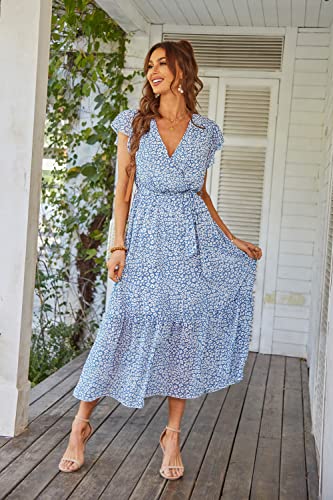 PRETTYGARDEN Women's Summer Floral Boho Maxi Dress Wrap Short Sleeve V Neck Ruffle A-Line Flowy Wedding Guest Long Dresses