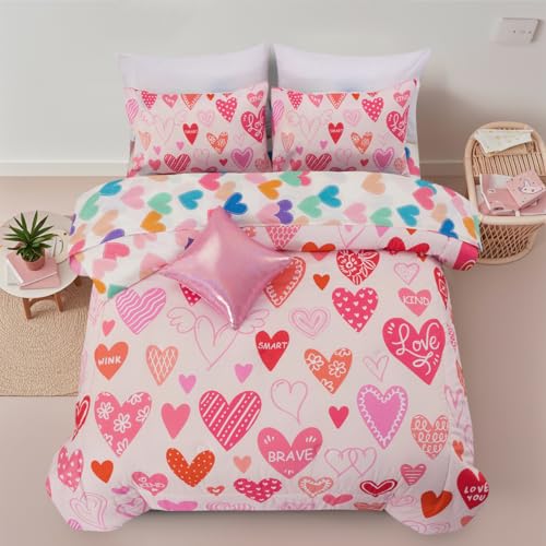 Holawakaka Girls Twin Beige Comforter Set with Sheets, 6 Pieces Boho Love Hearts Bedding Sets for Women Kids Teen-Girls, Bohemian Girly Pinky Bed in A Bag (Beige, Twin)