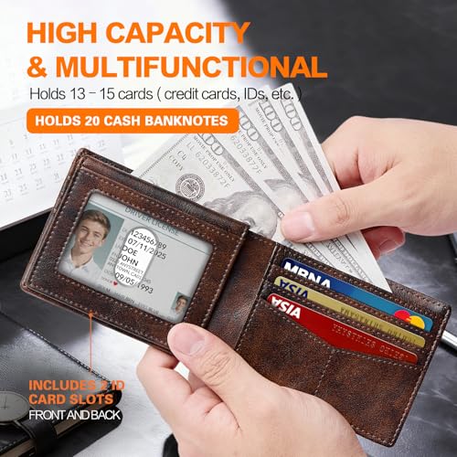 Image of Wallet for Men Slim RFID Blocking Bifold Carbon Fiber,Minimalist Small Compact Front Pocket Credit Card Holder,Thin Mens Leather Wallets Smart Security With 2 ID windows 1 Cash (Retro Black & Brown)