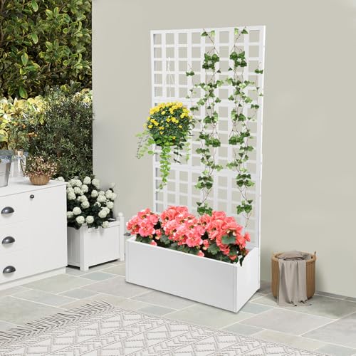 PERFERATE Metal Planter Box with Trellis 35x16x71in Planter Box with Trellis Privacy Screen Raised Garden Bed with Trellis Garden Box for Climbing Plants,Vegetables,and Vines (White)